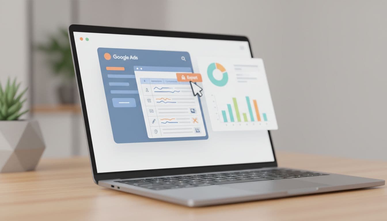 Modern illustrative workflow of pulling search term reports from Google Ads dashboard and exporting to spreadsheet with columns for queries, impressions, and conversions, in a clean SaaS style on a laptop screen in a workspace.