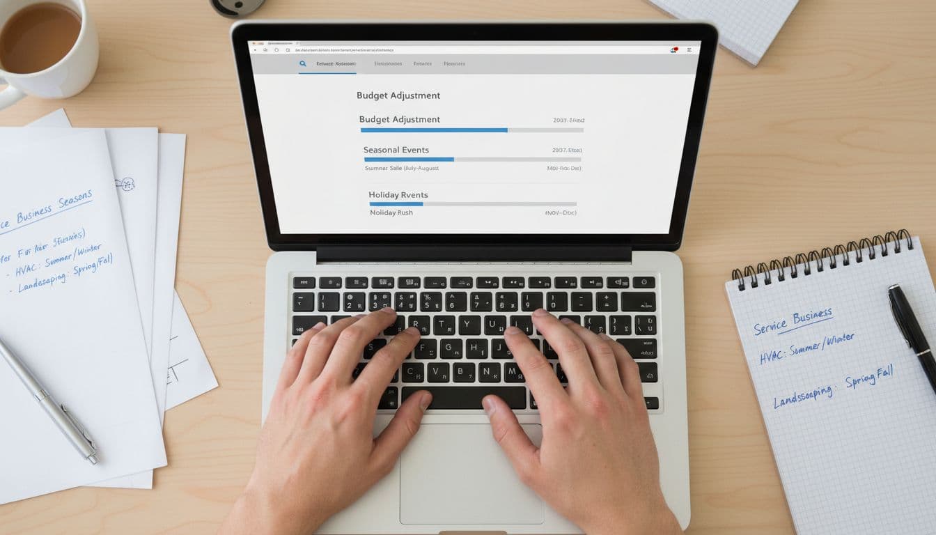 Top-down view of two hands on keyboard navigating Google Ads interface with budget sliders for seasons, desk scattered with seasonal service notes.