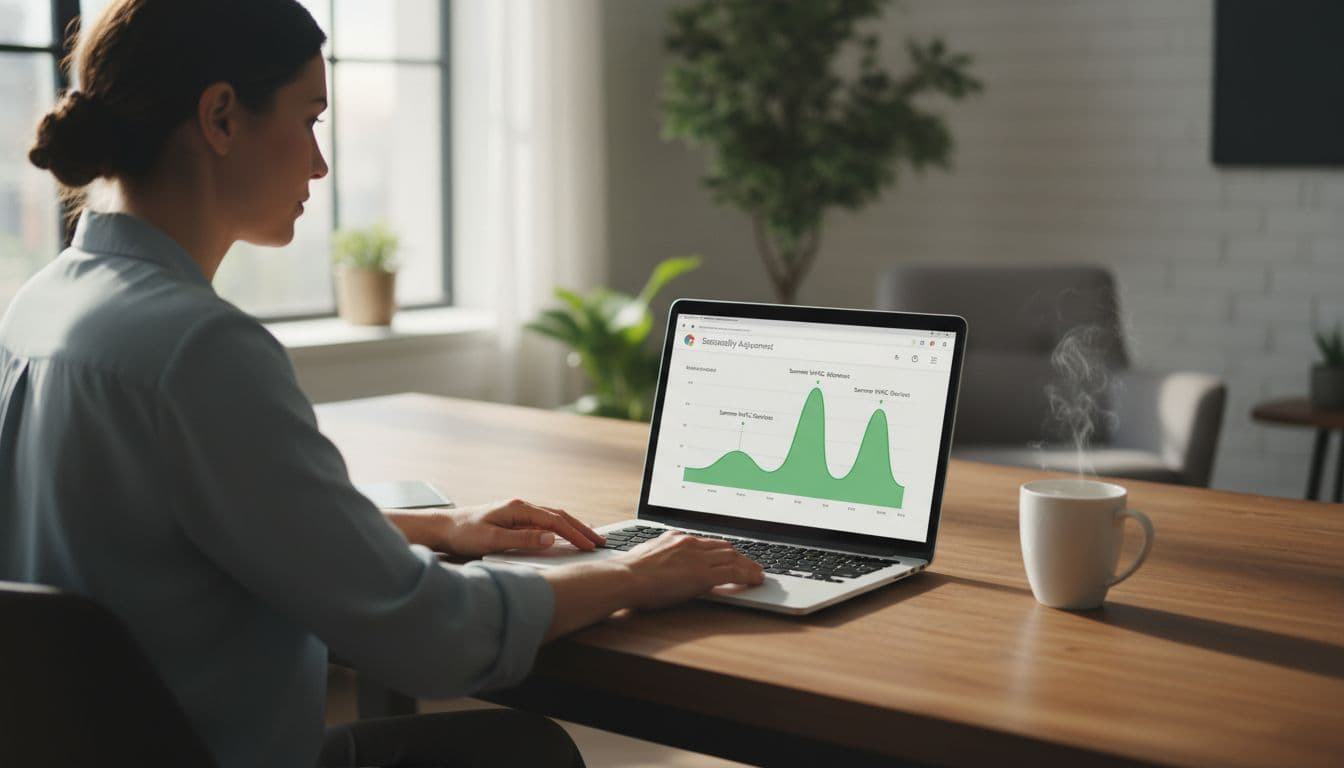 Service business owner in modern office views laptop screen showing Google Ads dashboard with HVAC seasonality graph peaking in summer.