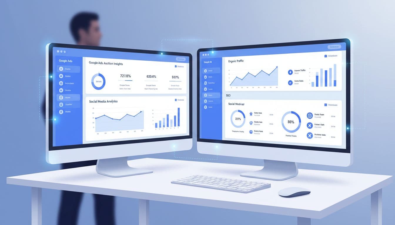 Office desk with two monitors displaying Google Ads auction insights, SEO, and social media dashboards with subtle data connections, one keyboard, and blurred person.