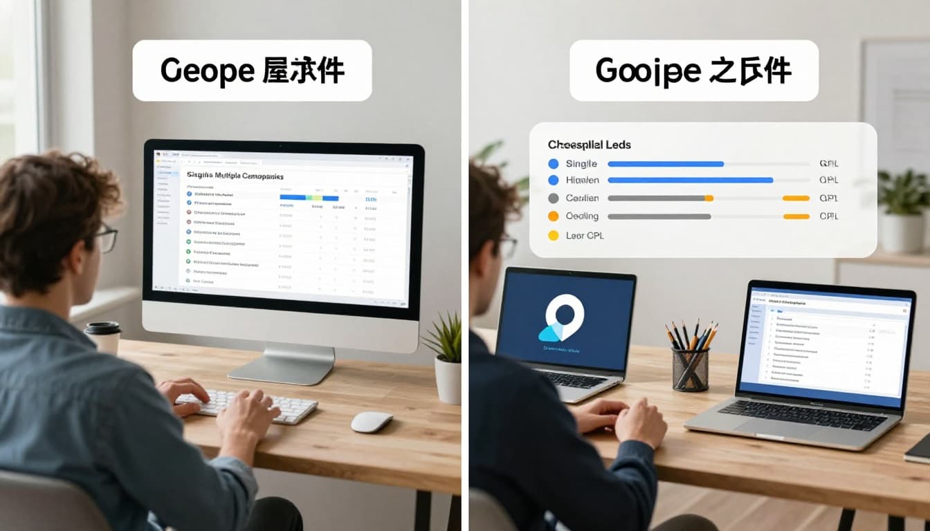 Split-view illustration of a marketer in an office comparing a single Google Ads campaign dashboard with moderate leads on one laptop to multiple segmented campaigns showing higher qualified leads and lower CPL on another.