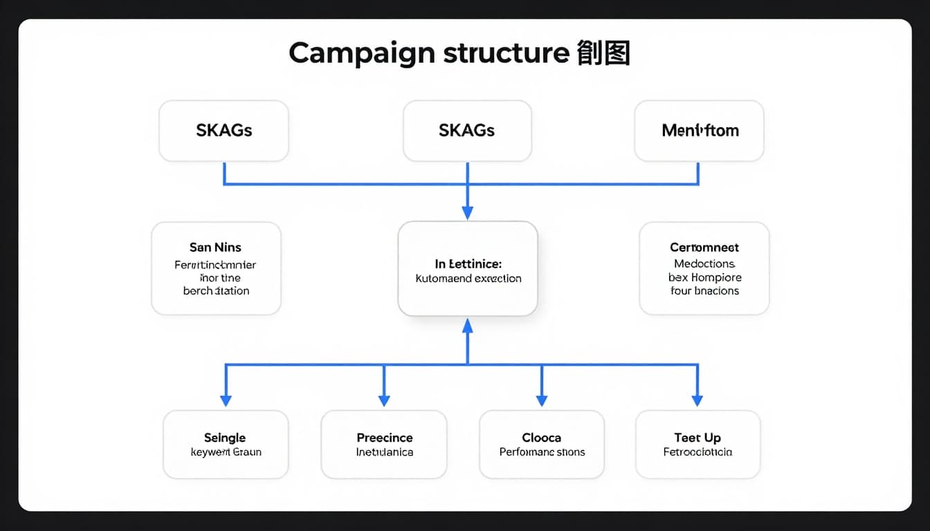 Illustration of a structured Google Ads campaign setup workflow for service businesses, displaying account structure with SKAGs, single keyword groups, and Performance Max considerations in a flowchart style on a digital dashboard.