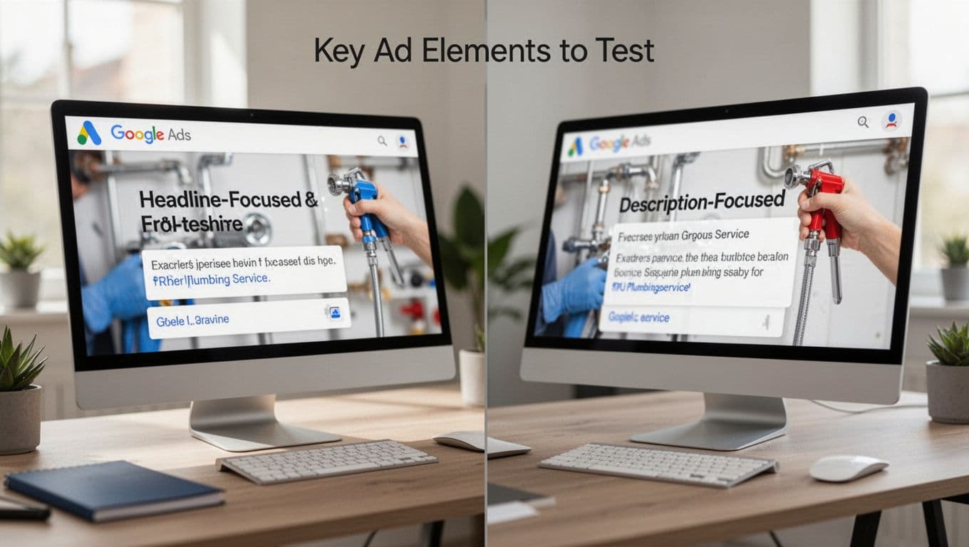 Split screen on a computer monitor compares headline-focused ad (left) and description-focused ad (right) for plumbing service, viewed at an angle with blurred screens in a modern desk setup and natural light.
