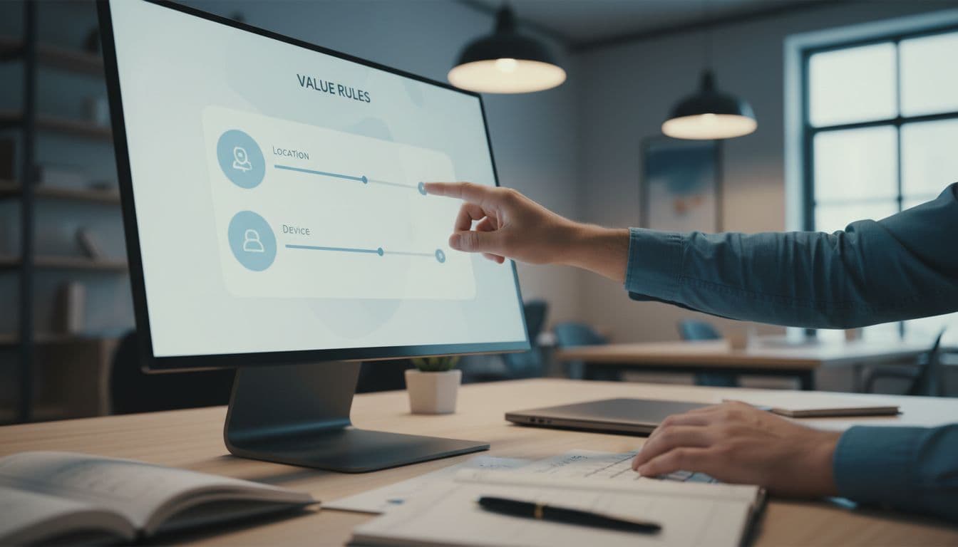 Hands tweak location and device sliders on angled computer screen showing Google Ads value rules setup, desk with notes.