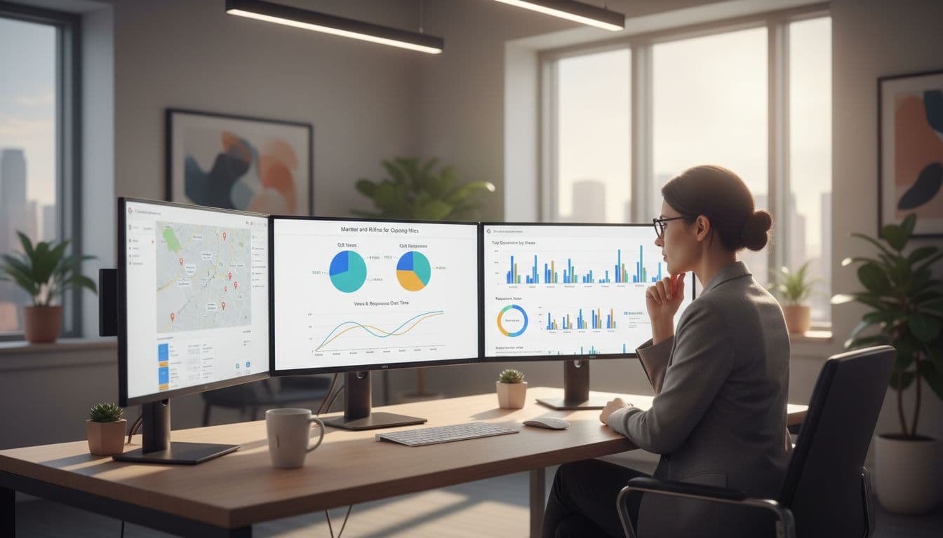 A professional marketer seated at a desk in a bright office reviews an analytics dashboard on screen displaying Google Business Profile Q&A metrics like views and responses through charts and graphs. Photorealistic scene with balanced composition, natural pose, and no text labels or other people.