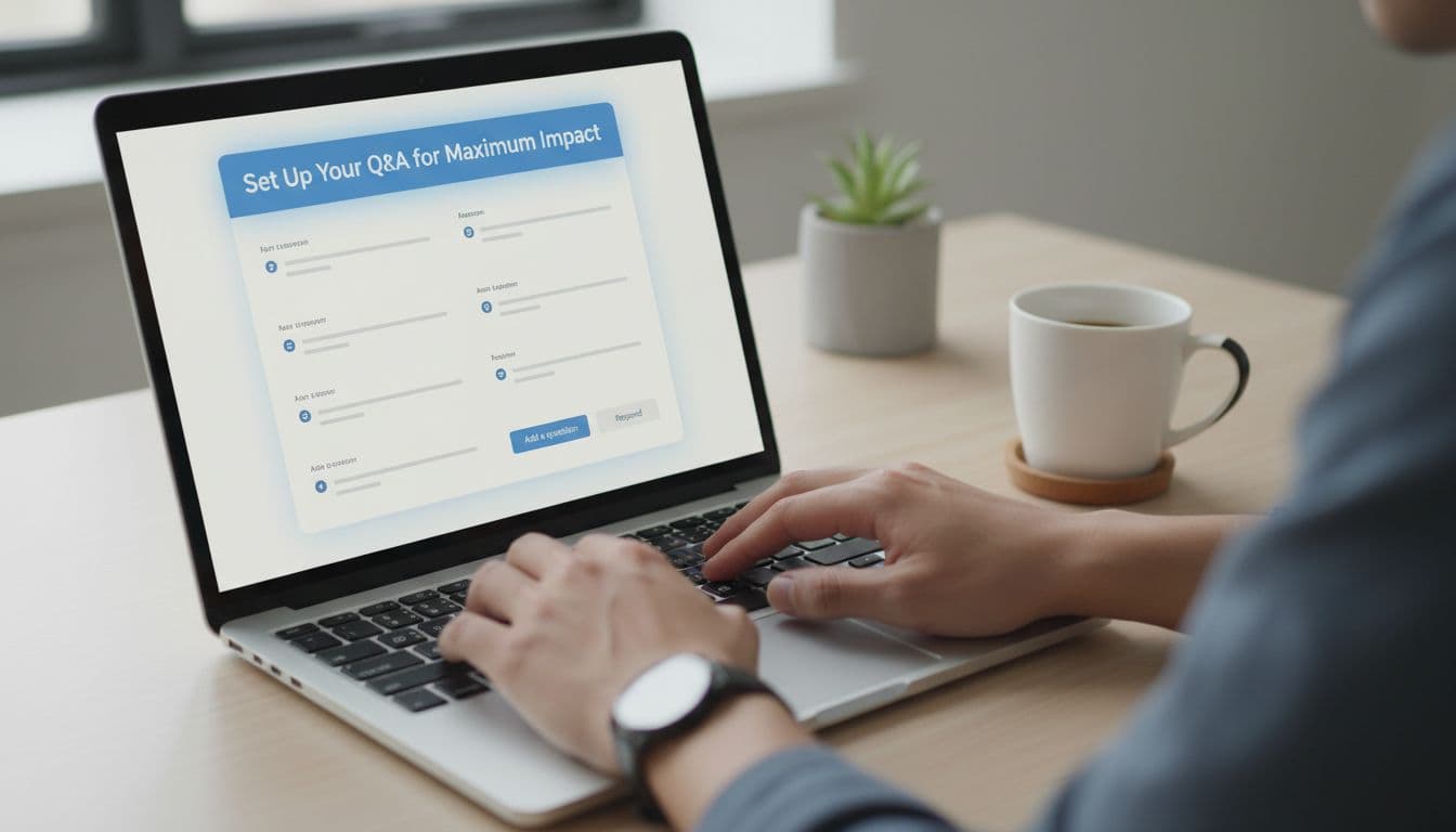 A focused person at a simple desk workspace sets up the highlighted Q&A section on the Google Business Profile dashboard via laptop, with a coffee mug nearby and soft indoor lighting.