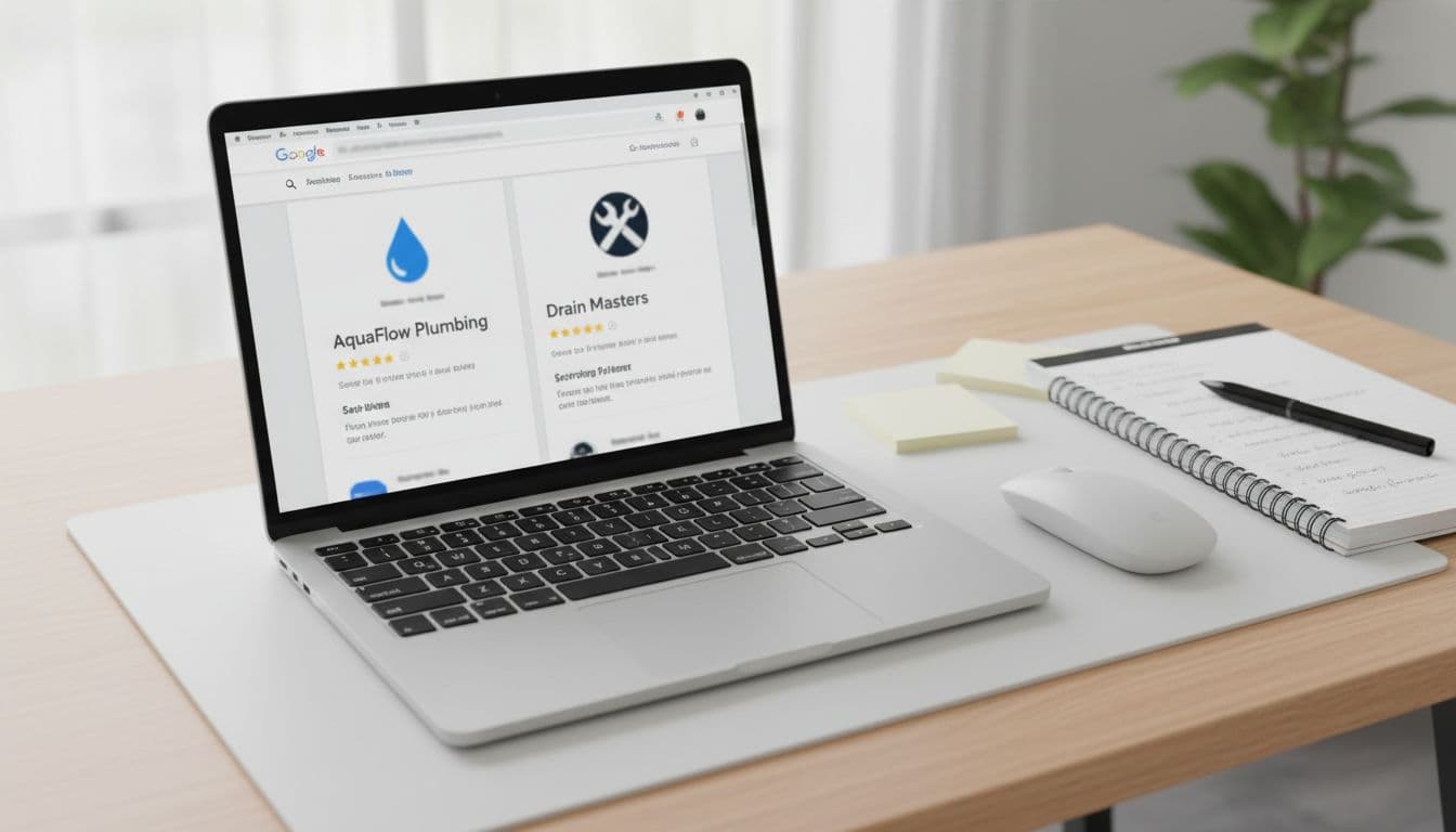 Top-down photorealistic view of a laptop screen comparing two Google Business Profiles for local services like plumbers, on a clean modern office desk with notes and mouse, even natural lighting, no people or readable text.