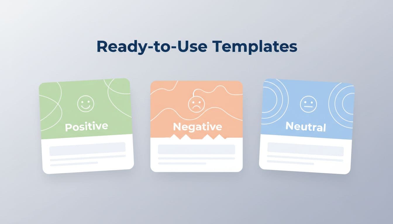 Clean modern digital dashboard at an angle displaying exactly three illustrative template cards for positive, negative, and neutral Google review responses on a neutral background.
