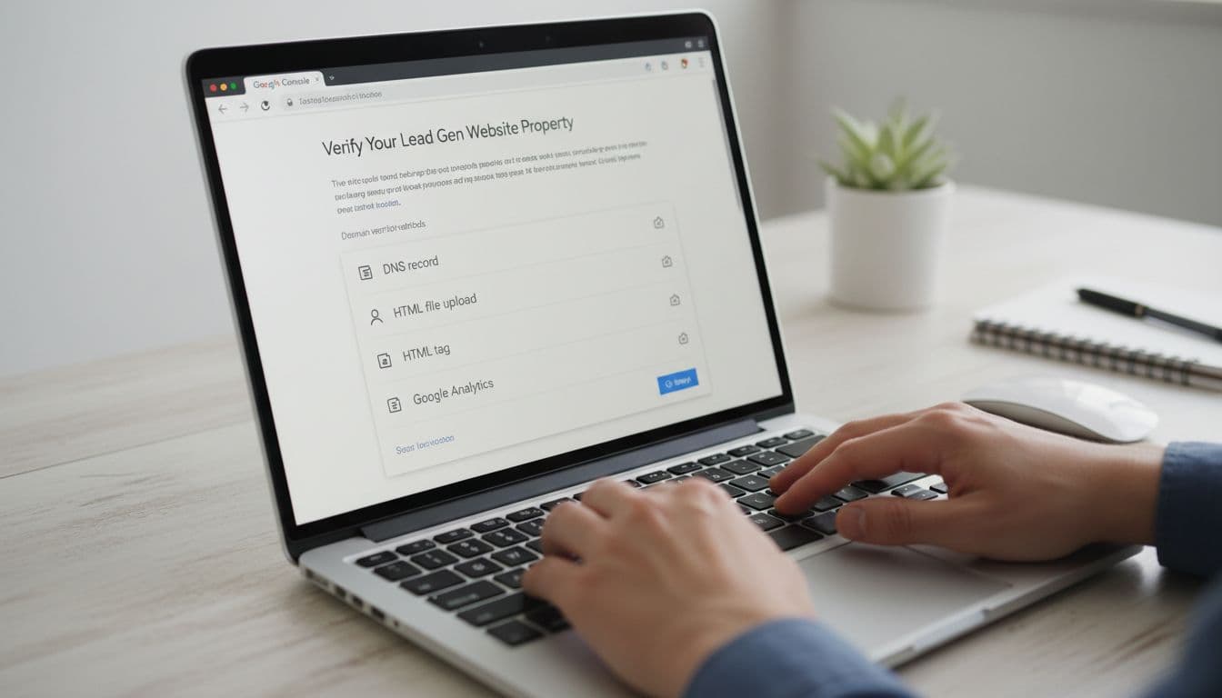 Close-up of a laptop screen displaying domain verification methods in Google Search Console, such as DNS record and HTML tag, in a modern workspace with notebook, plant, and hands resting nearby.