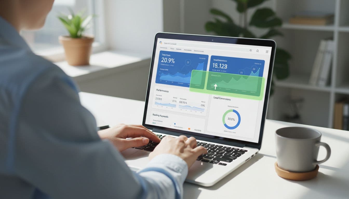 A modern office desk with a laptop screen displaying Google Search Console dashboard highlighting performance metrics for a lead generation website, coffee mug nearby, clean composition focused on screen and hands resting on keyboard in bright natural lighting.