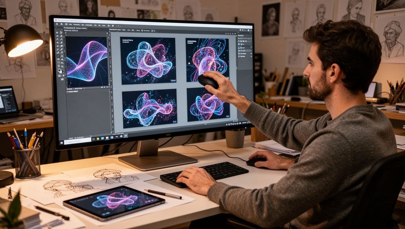 Photo-realistic scene of a graphic designer in a creative studio reviewing AI-generated image variations on a large monitor, selecting one for a campaign visual with mouse in hand, desk featuring sketches and tablet under warm ambient light.