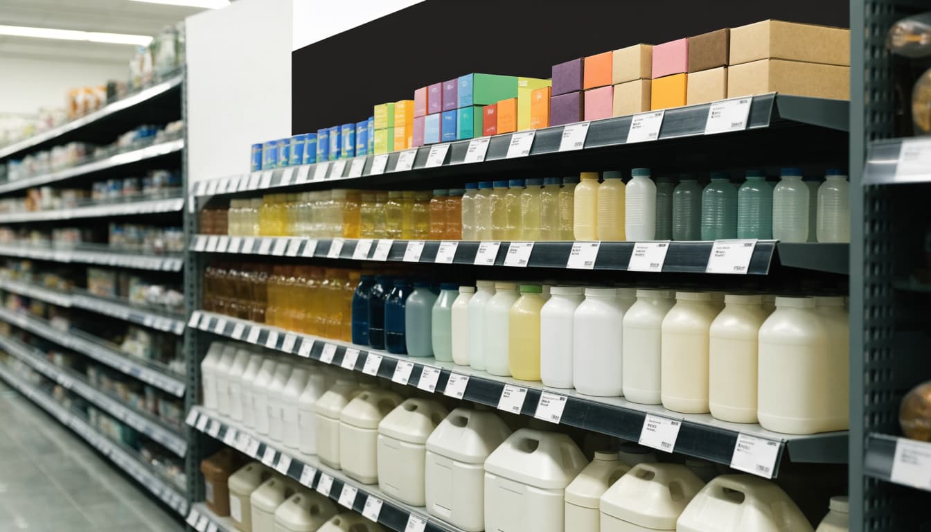 Colorful boxed and bottled products arranged neatly on a grocery store end cap.