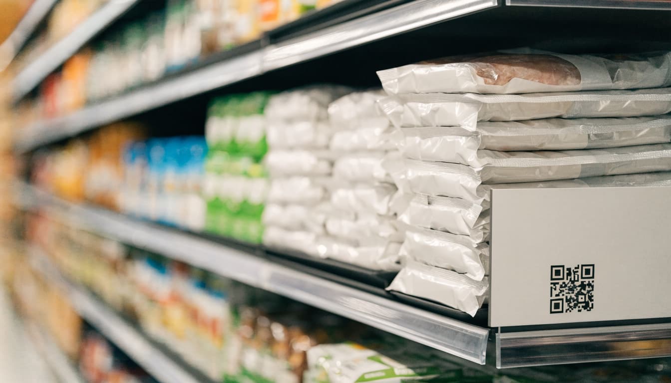 Product packages fill a grocery end cap beside a small QR code panel.