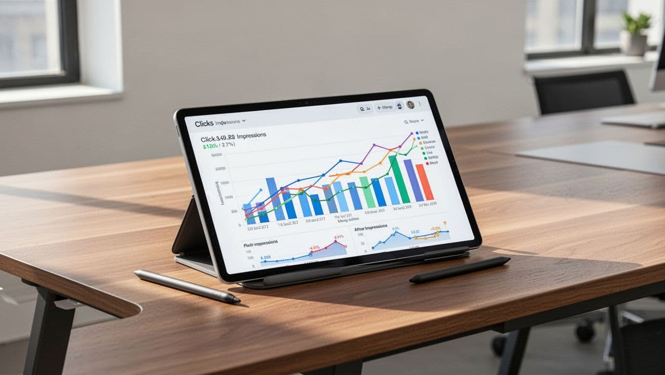 Tablet on contemporary desk displaying Google Search Console performance report with clicks and impressions for lead keywords like service pages. Wide composition in clean modern digital-marketing style with crisp daylight, charts without readable text, no people shown.