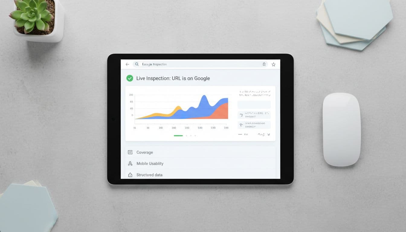 Screenshot-like view of the URL Inspection tool in Google Search Console checking a service page's indexing status, shown on a tablet in a modern flat lay desk setup with mouse, centered on live results graph.
