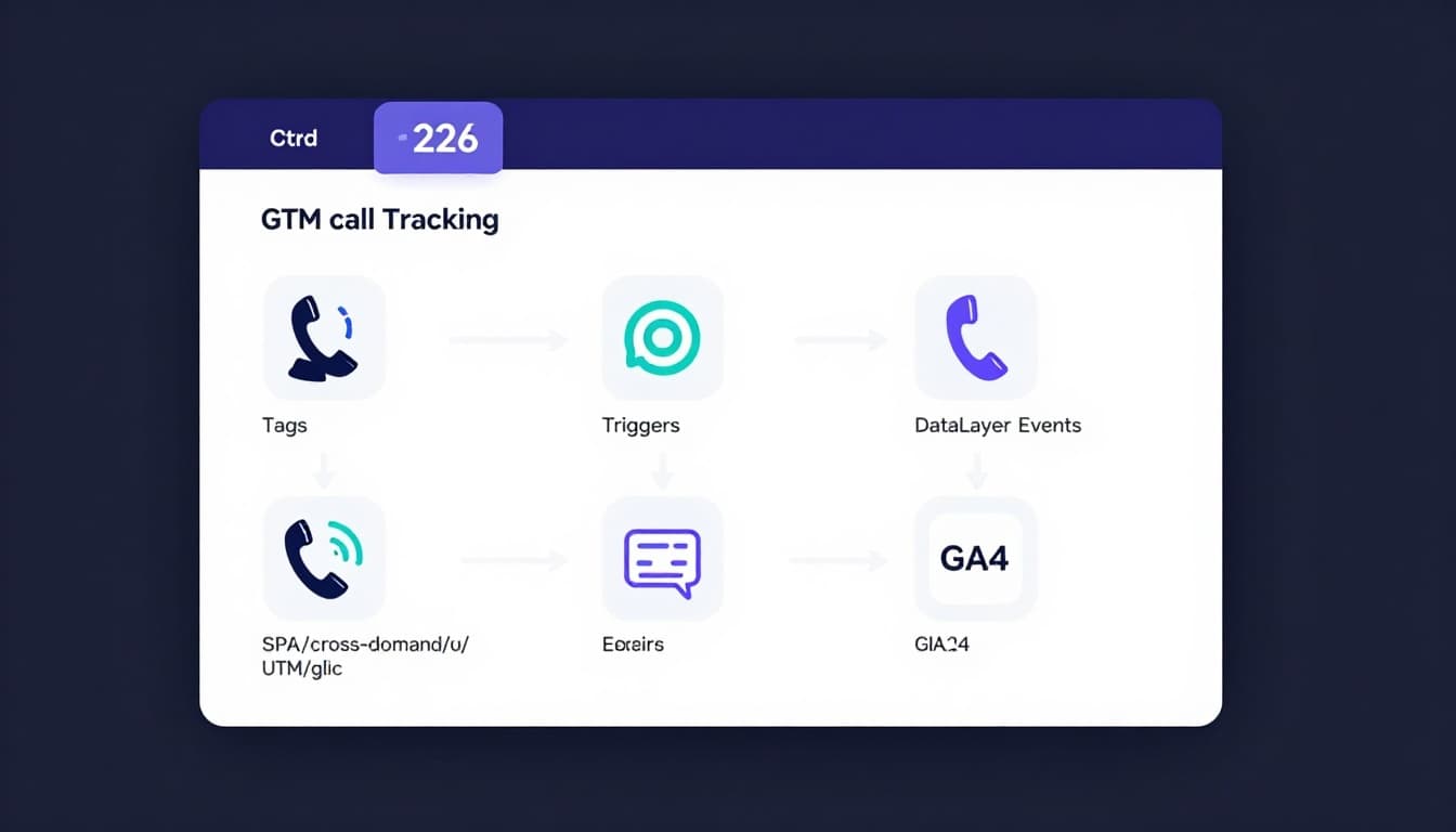 Clean, modern flat-isometric illustration of step-by-step GTM call tracking setup for lead-gen websites, featuring tags, triggers, dataLayer events, and phone icons flowing to GA4 on a tilted GTM interface.