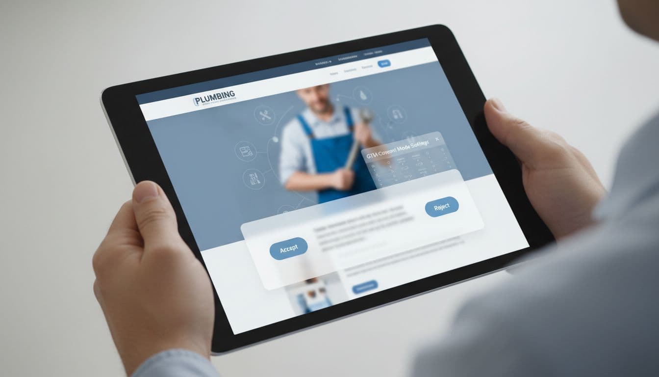 A tablet held in hands displays a blurred consent banner with accept and reject options alongside a faded GTM consent mode settings panel on a subtle plumber service homepage.