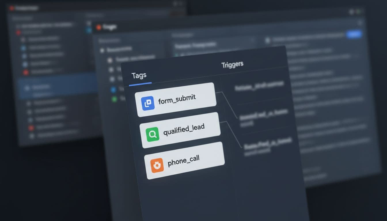 GTM dashboard mockup showing three configured tags for lead events: form_submit, qualified_lead, and phone_call. Blurred screens with focus on tag list and triggers in realistic angled UI screenshot style.