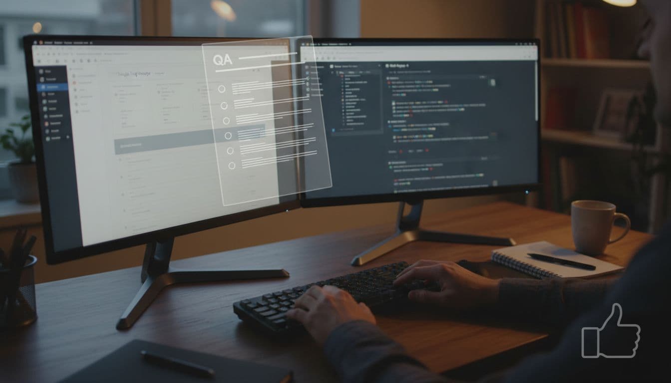 Analyst workspace with dual monitors: one blurred GTM preview, one GA4 debugview with subtle checklist overlay and low-opacity thumbs up icon. Cozy evening office light, coffee, notepad, one person with relaxed hands on keyboard.