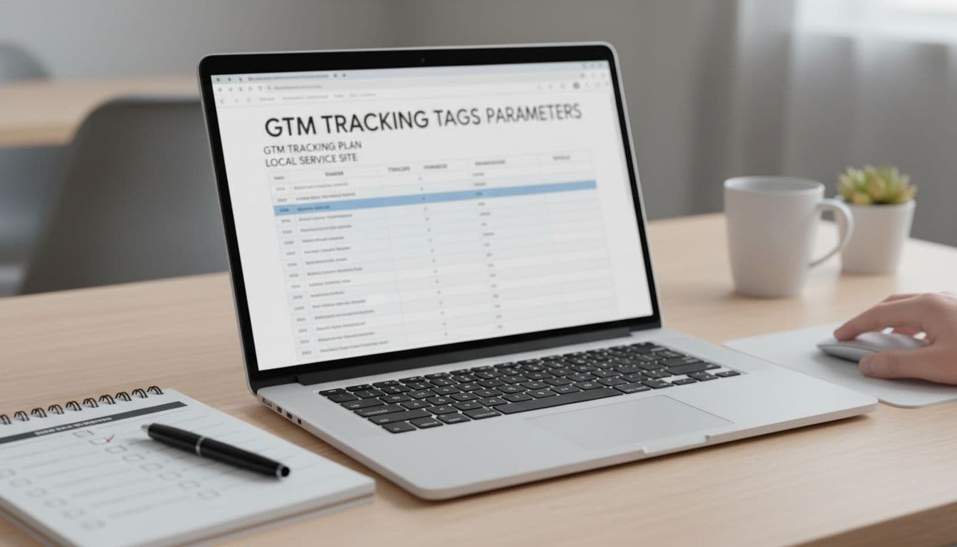 Modern workspace featuring a laptop displaying a blurred Google Sheets table structure for a GTM tracking plan with columns for Event, Trigger, Tags, Parameters, and Status, mouse pointer hovering, notepad with checklist nearby, soft office lighting.