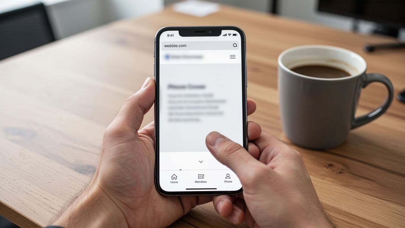A single hand holds a smartphone displaying a blurred, mobile-optimized webpage with bottom navigation, thumb near menu, on a wooden desk beside a coffee mug in soft office lighting.