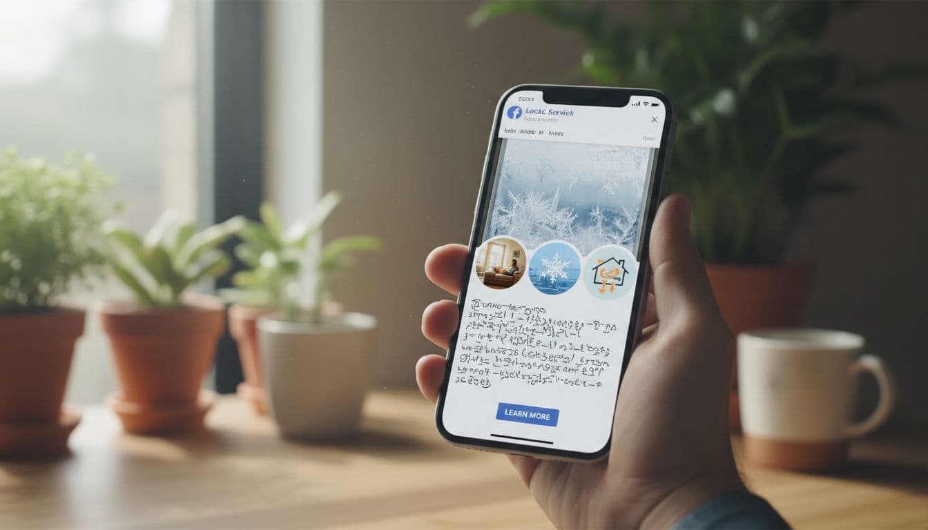 A relaxed hand holds a smartphone displaying a Facebook ad carousel for local HVAC services with home comfort images, positioned on a cozy home office desk with plants and natural light, realistic style, no readable text or logos.