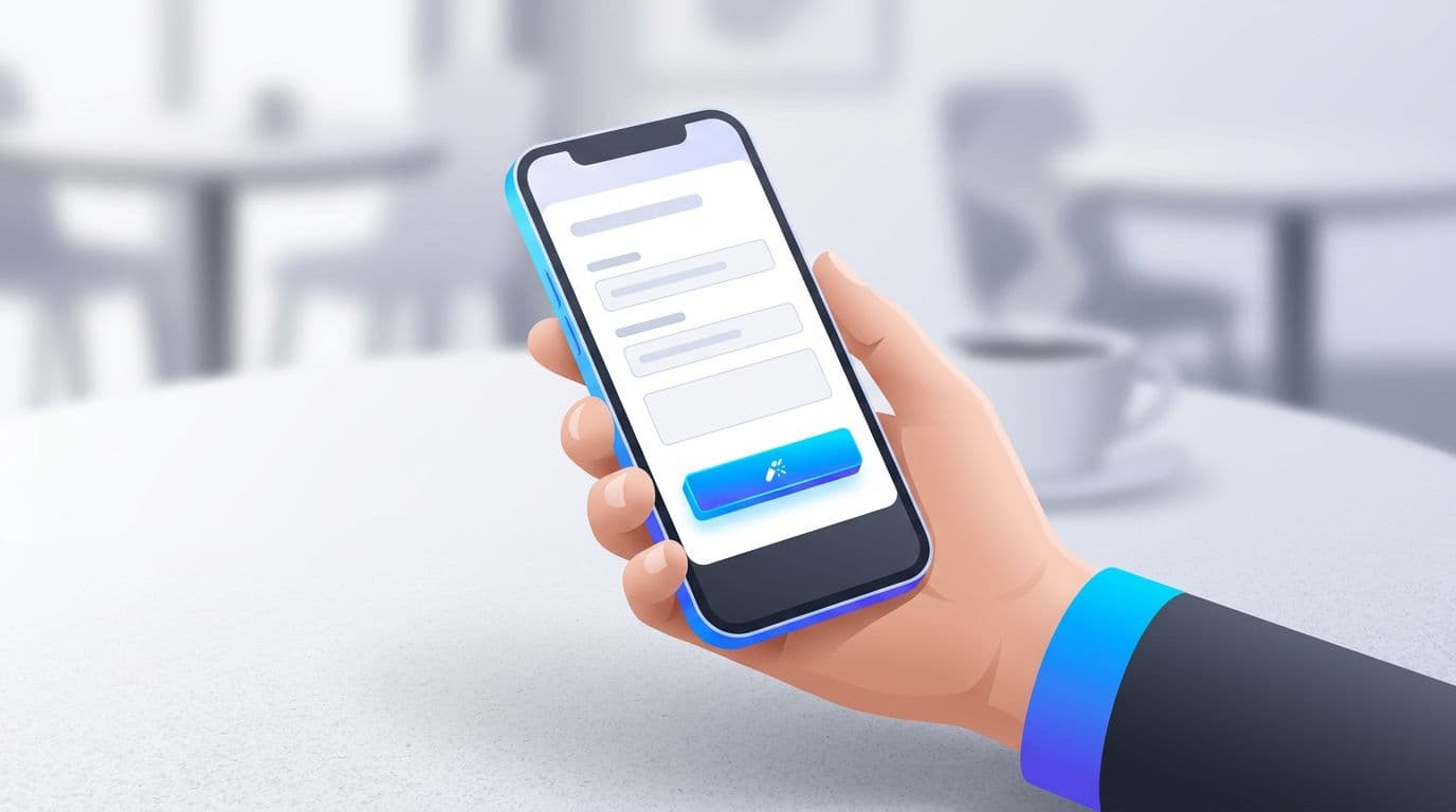 Illustration of a mobile phone held in one relaxed hand displaying simple form fields and a prominent CTA button, positioned on a cafe table. Clean futuristic SaaS/B2B style with crisp vector/3D hybrid, soft gradients, and high contrast.