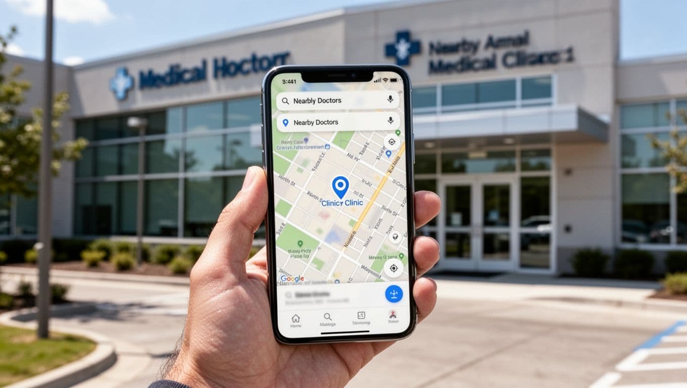 A single hand holds a smartphone outdoors in front of a modern medical clinic on a sunny day, with the screen displaying a blurred local map search for nearby doctors marked by a clinic pin. Photo-realistic image for digital marketing and business, landscape orientation with natural sunlight.