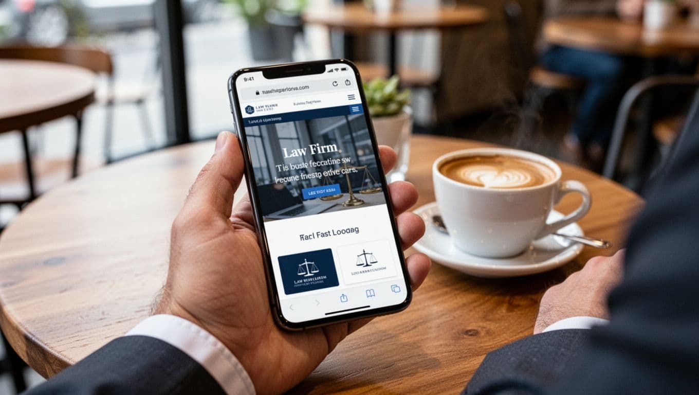 A hand naturally holds a smartphone showing a clean, fast-loading law firm homepage on a mobile browser, set on a cafe table with a coffee cup in bright natural lighting. Photo-realistic digital marketing scene with blurred screen, no readable text or logos, partial arm visible.