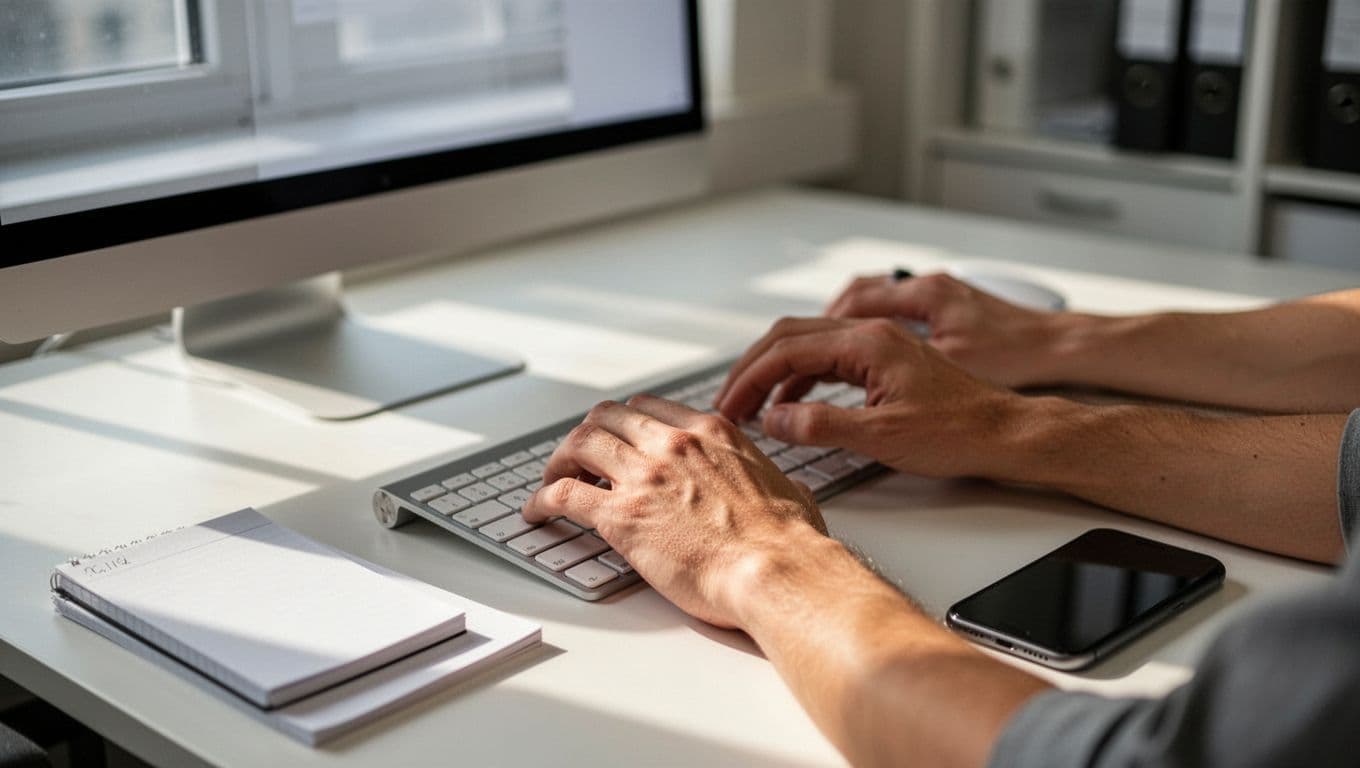 Two hands type on keyboard showing blurred Google Ads screen, desk with notepad and phone in office.