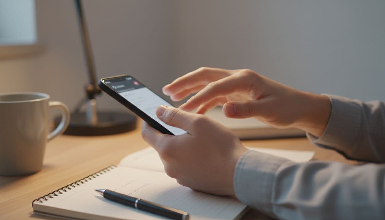 Close-up of two hands typing a response on a smartphone to a Google review notification on a desk with notebook and pen, soft office lighting, realistic style focused on typing action with no people or readable text visible.