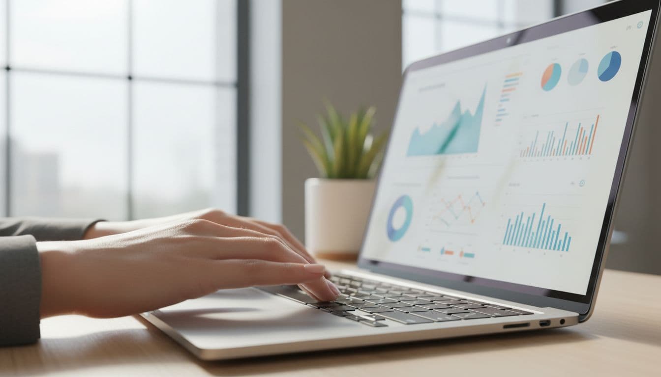 Hands type on a laptop keyboard with blurred abstract charts on screen in modern office.