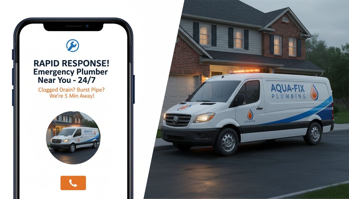 Split composition illustration of an ad preview dashboard with compelling 'emergency plumber near me' headlines alongside a service van parked outside a home, using blue, white, and orange colors for professional clarity.