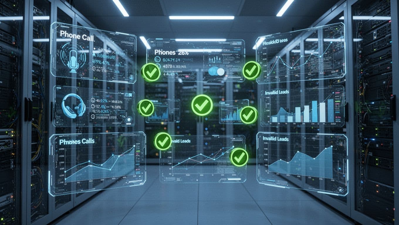 Blue holographic dashboard scans phone recordings and lead data with green checkmarks in neon-lit server room.