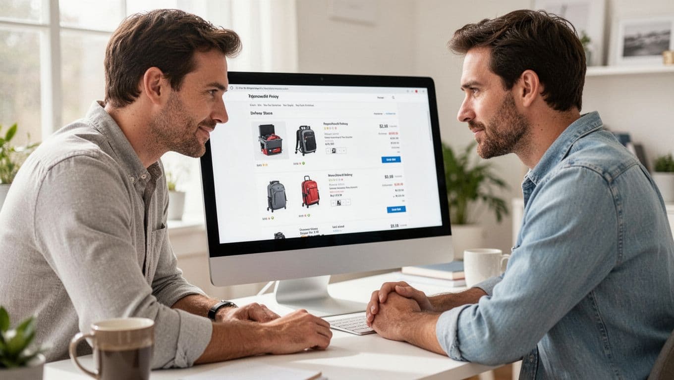 A photo-realistic image of one man in a bright home office leaning slightly toward a desktop computer displaying a blurred e-commerce product detail page with multiple images and specs, coffee mug nearby on the desk.