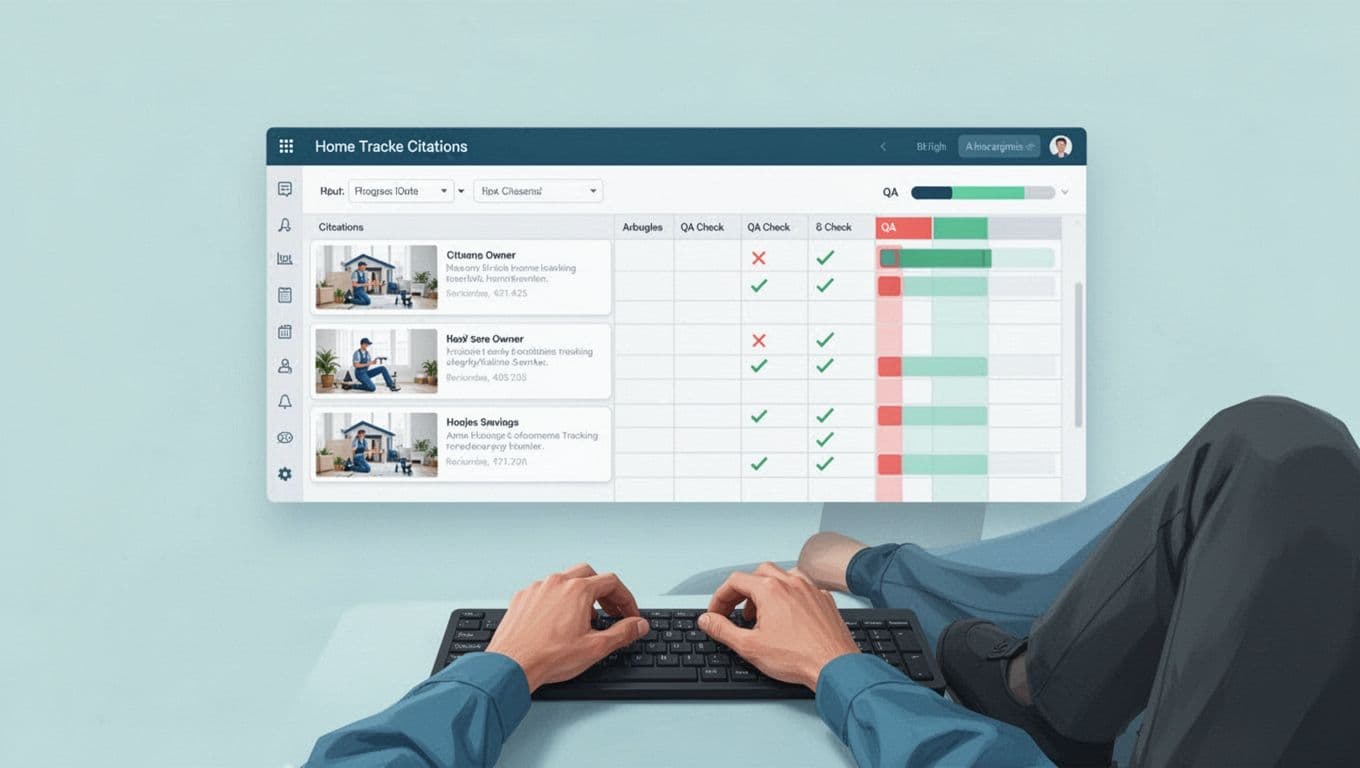 Minimalist vector illustration of a relaxed home service owner at a keyboard, viewing a spreadsheet with screenshot thumbnails, QA columns, and progress bar in blues, teals, and charcoal on light background.
