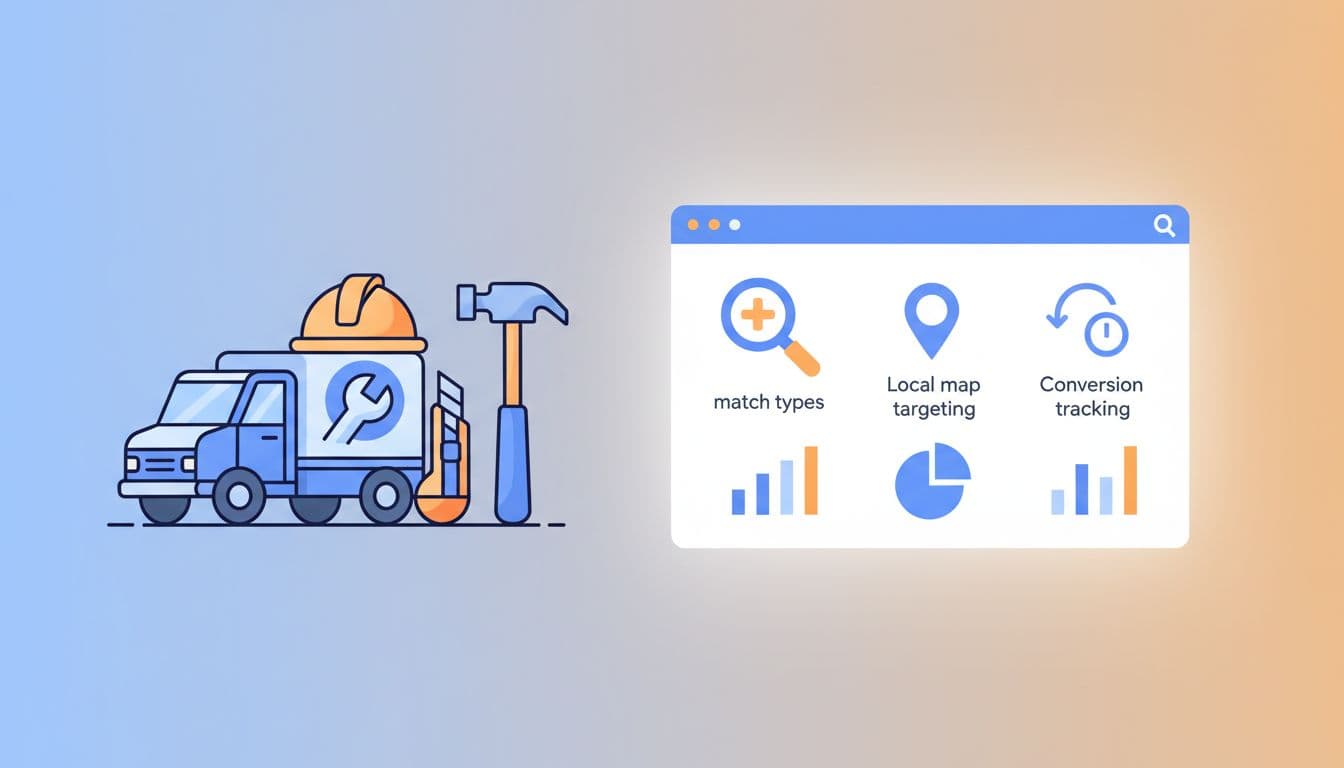 Clean modern illustration of service business examples featuring a plumber truck and roofer tools next to a Google Ads dashboard with match types, local map targeting, and conversion tracking icons in blue, white, and orange SaaS style.