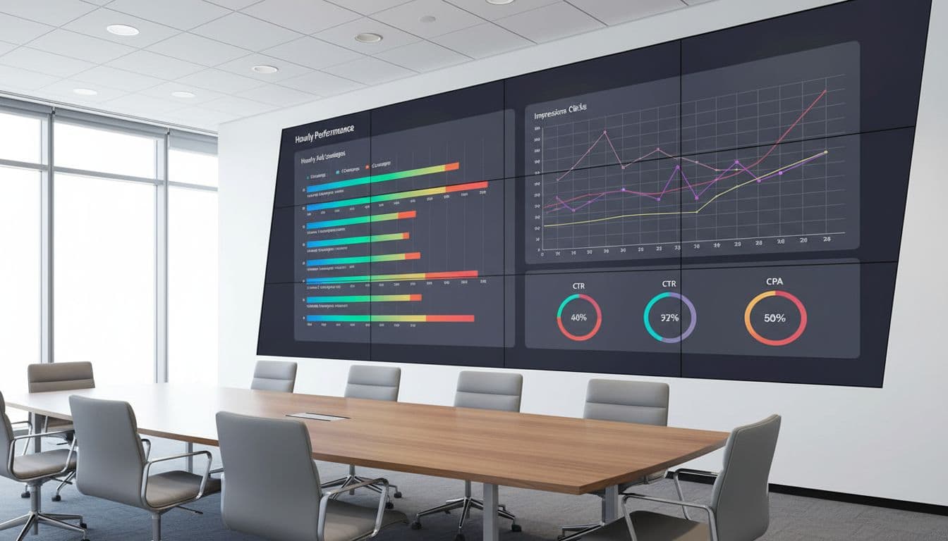 Modern analytics dashboard on a large screen in an empty conference room, displaying colorful hourly performance bars and line charts for ad metrics. Bright professional lighting, realistic photo with screen slightly angled, no text, people, logos, or distractions.