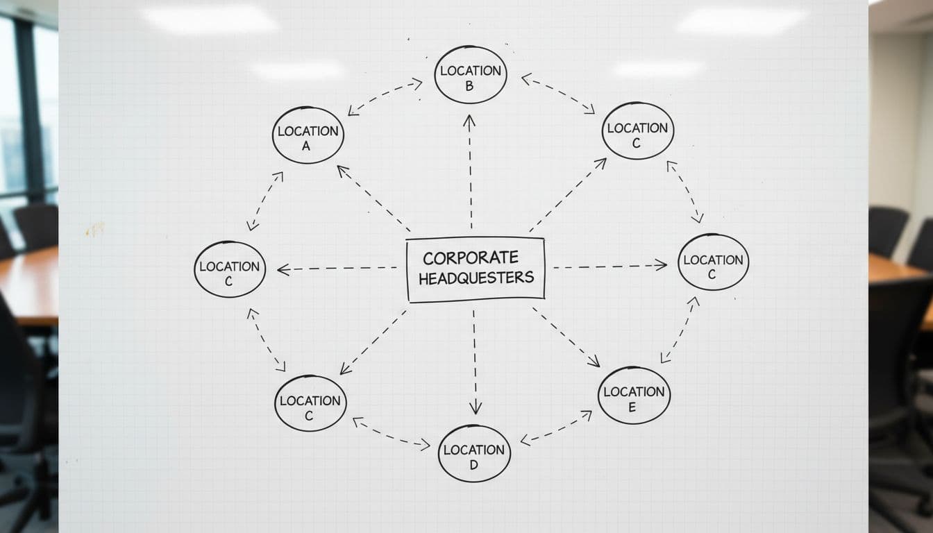 Top-down view of whiteboard in bright conference room showing sketch flowchart with central corporate page linking to location pages via arrows.