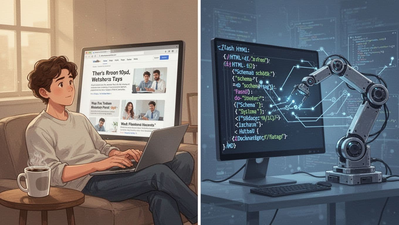 Split-scene illustration contrasting a relaxed human scanning webpage headlines and images with a robot arm parsing HTML code, schema tags, and data flows.