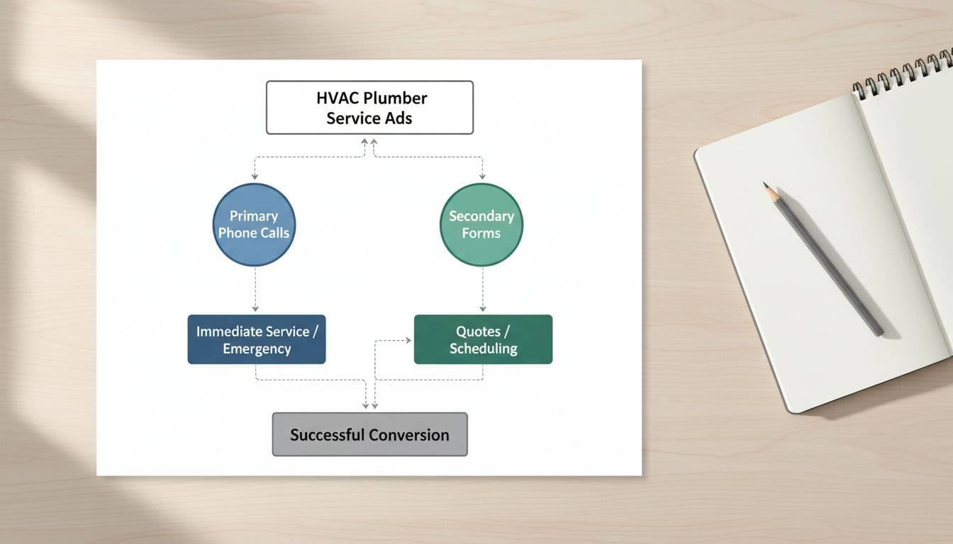 Simple flowchart on desk with notebook shows choices between phone calls and forms for HVAC service ads.