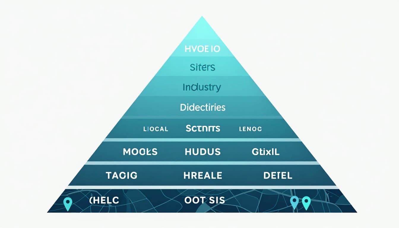 Minimalist pyramid diagram illustrating tiers of citations for HVAC businesses: core base with map pins, middle industry directories, top local sites, and apex unstructured mentions, using subtle glows, high-contrast blues/teals on light charcoal background.