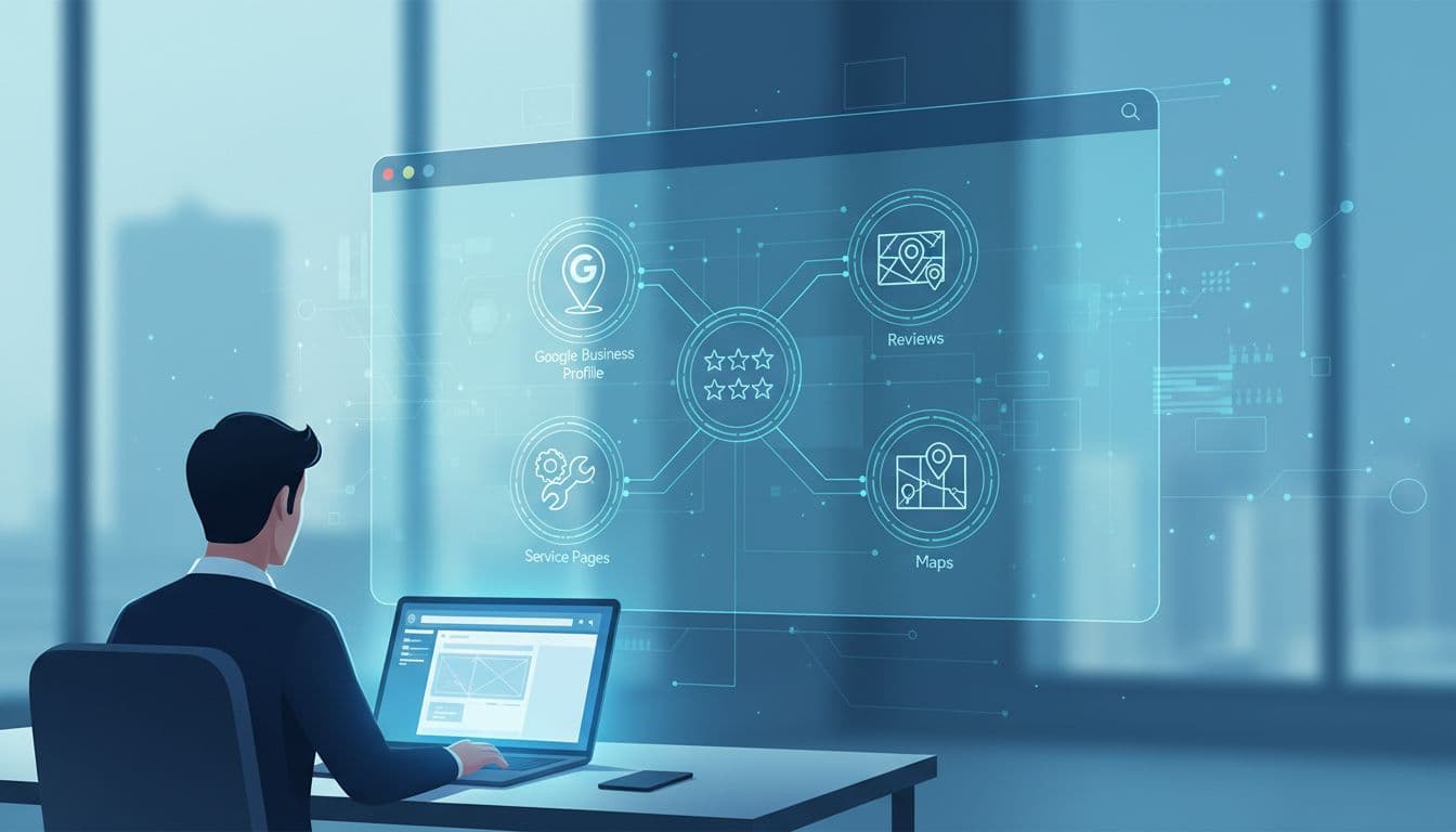 Modern professional illustration of a local SEO workflow for HVAC contractors, featuring Google Business Profile, maps, reviews, and service pages on a blue teal digital dashboard with subtle AI search elements.