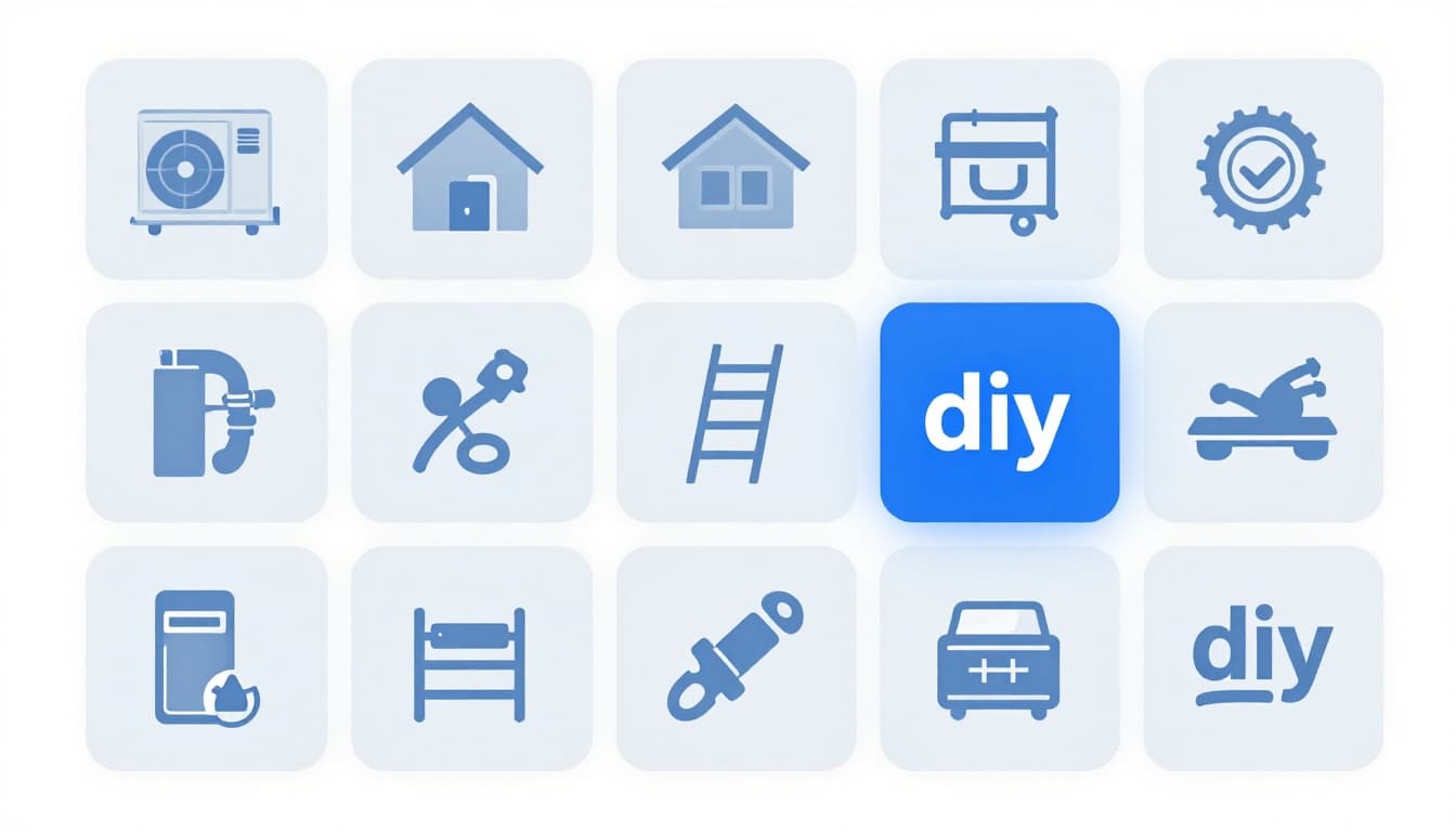 Marketing visual showing home service categories like HVAC unit, plumbing pipe, roofing ladder, electrician tools arranged on a workbench, subtle overlay of negative keyword blocks like free cheap diy, blue white gray tones, professional digital ad style, landscape, sharp clean lines, no text, no people.