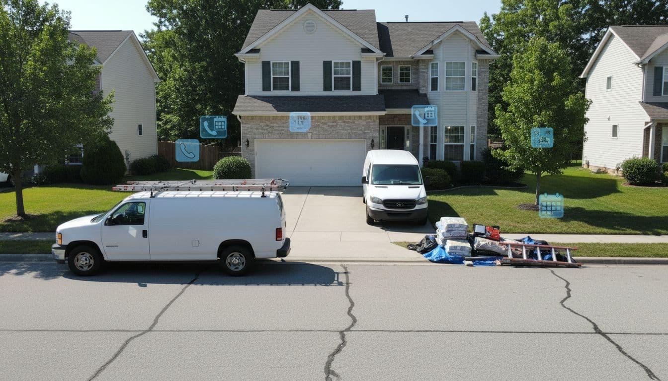 Neighborhood street with parked HVAC truck, plumbing van, and roofing equipment on house driveway, subtle phone and calendar icons floating above on sunny day.