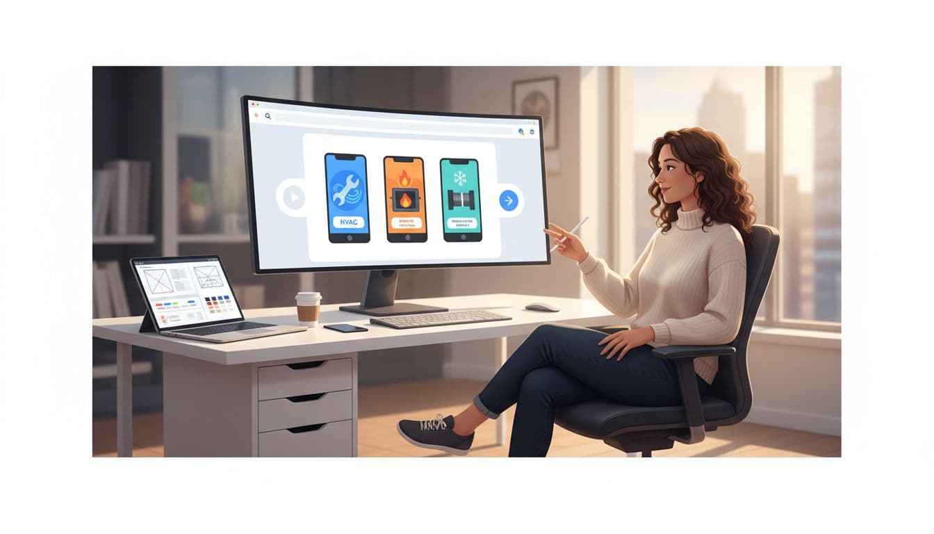A relaxed designer at a modern creative studio desk creates remarketing ads for HVAC services targeting past website visitors, featuring phone mockups with service offers in a clean professional illustration with warm lighting.