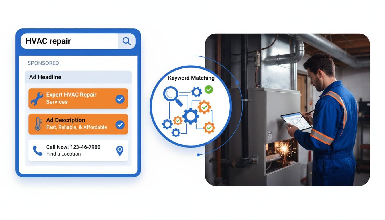 Dashboard visual of 'HVAC repair' search query aligning seamlessly with ad copy, extensions, and keyword icons, alongside a service technician at work in a professional editorial style.