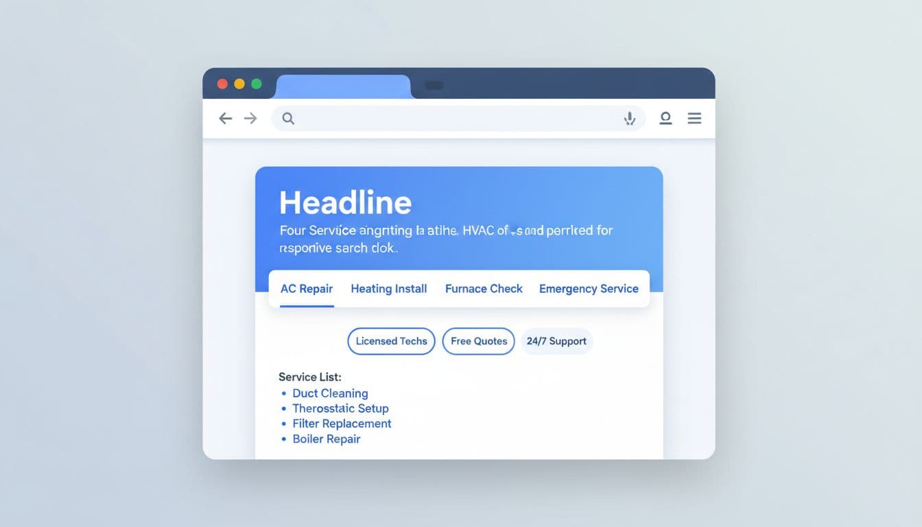 Close-up illustrative view of a Google Ads responsive search ad on desktop for HVAC services, featuring sitelinks, callouts, and structured snippets to build trust.