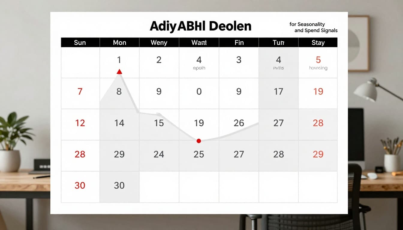 Calendar page marked with seasonal peaks for HVAC services including summer AC repairs and winter heating high spend periods, overlaid with a graph showing budget adjustments in a home office infographic style.