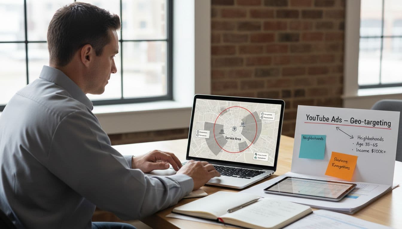 A professional HVAC service specialist plans local geo-targeting for YouTube ads on a map showing radii around city neighborhoods and homeowner demographics, at a realistic planning table with laptop and notes in natural daylight.